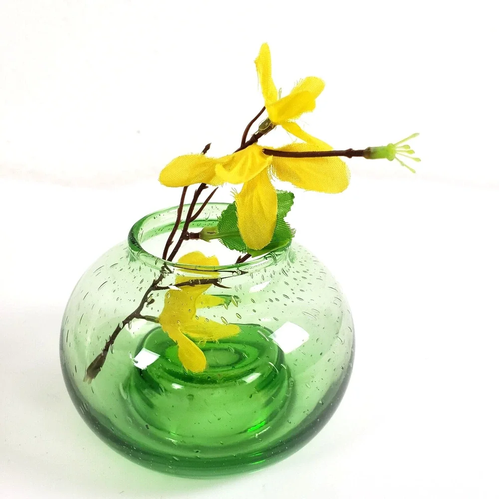 2Pc Art Glass Green Vase Votive Candle Holder Hand Blown Seeded Bubble Reversibl